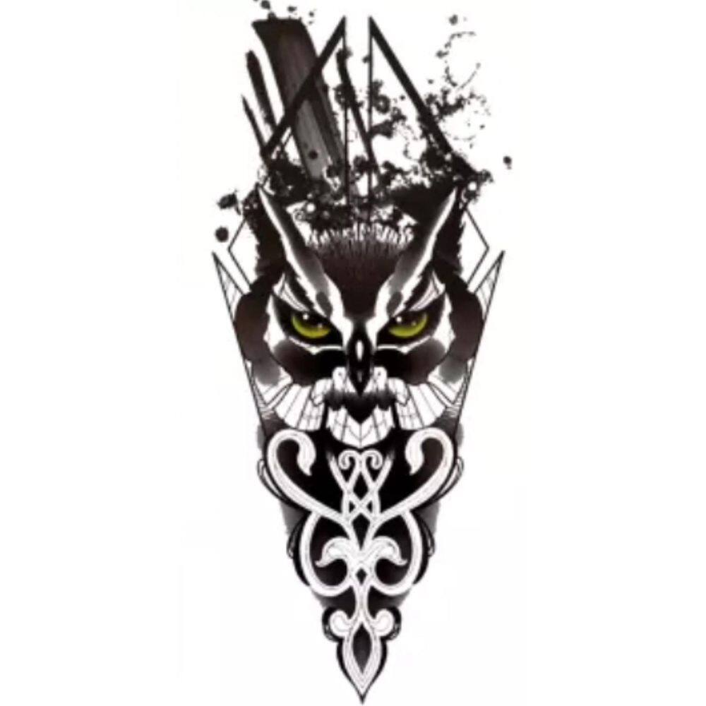Tatuagem Temporário Coruja Sombreada Olhos Verdes C8893