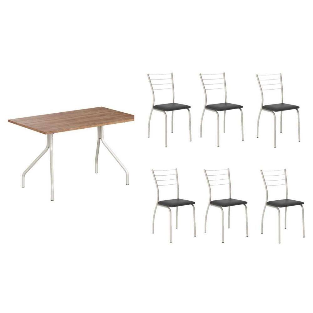 Conjunto: Mesa de Cozinha 1556 Aço 136cm + 6 Cadeiras 1700 Prata/Freijo - Prata/Corano Preto - Carraro
