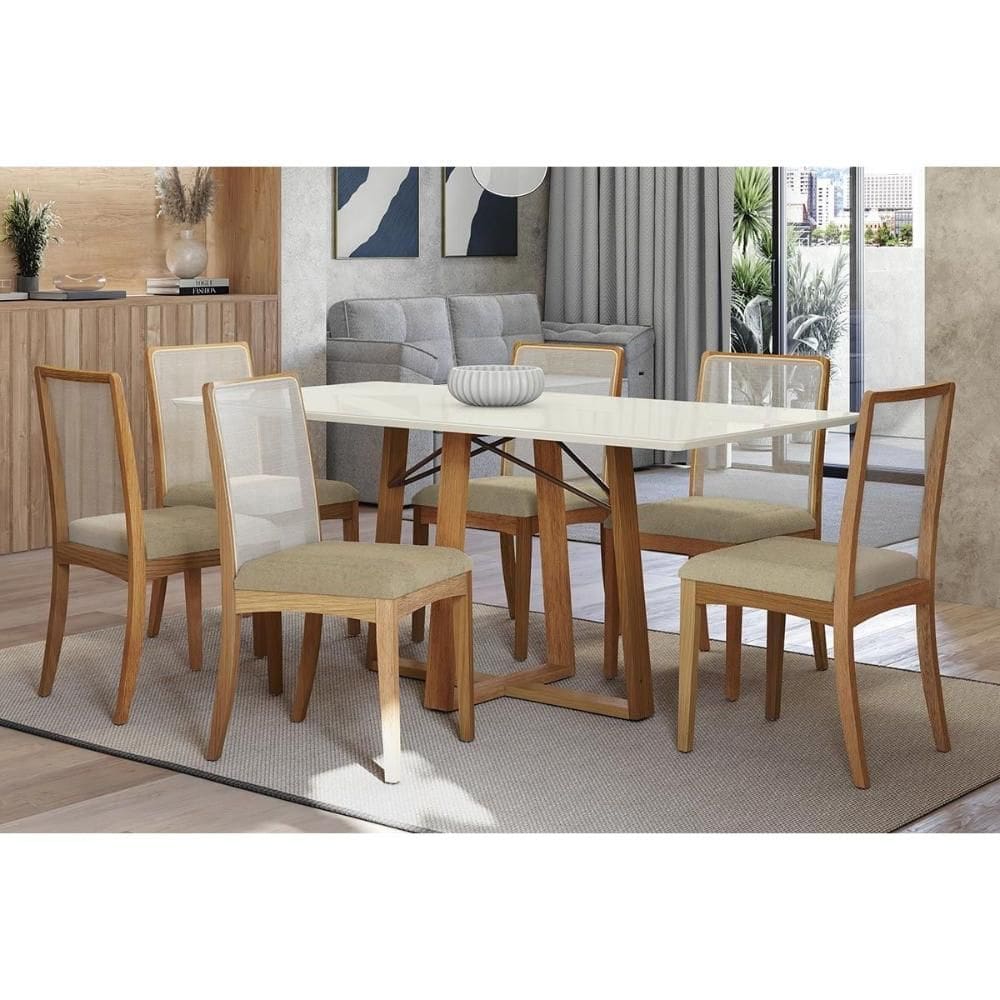 Conjunto Mesa Elma Premium Madeira Maciça c/ Tampo Madeirado c/ Vidro 180x90cm e 6 Cadeiras Lara Carvalho/Off White - Boucle Bege Kappesberg