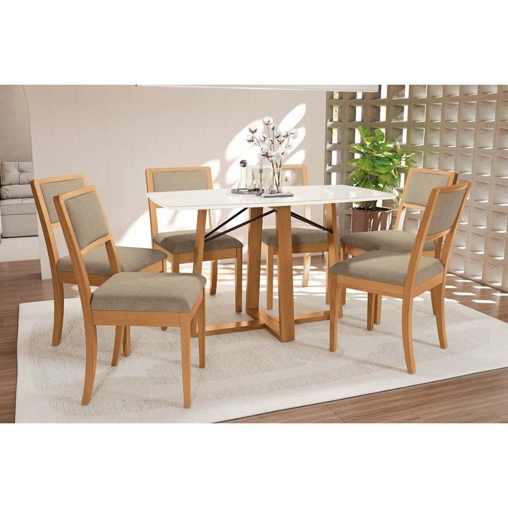 Mesa Cozinha Elma Premium Madeira Maciça c/ Tampo Madeirado c/ Vidro 170x90cm e 6 Cadeiras Alice Carvalho/Off White - Boucle Bege Fendi-Kappesberg