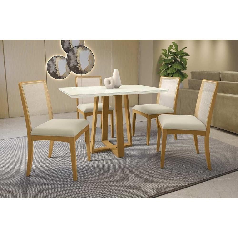 Mesa Cozinha Elma Premium Madeira Maciça c/ Tampo Madeirado c/ Vidro 120x80cm e 4 Cadeiras Lara Carvalho/Off White - Linho Bege Argila-Kappesberg