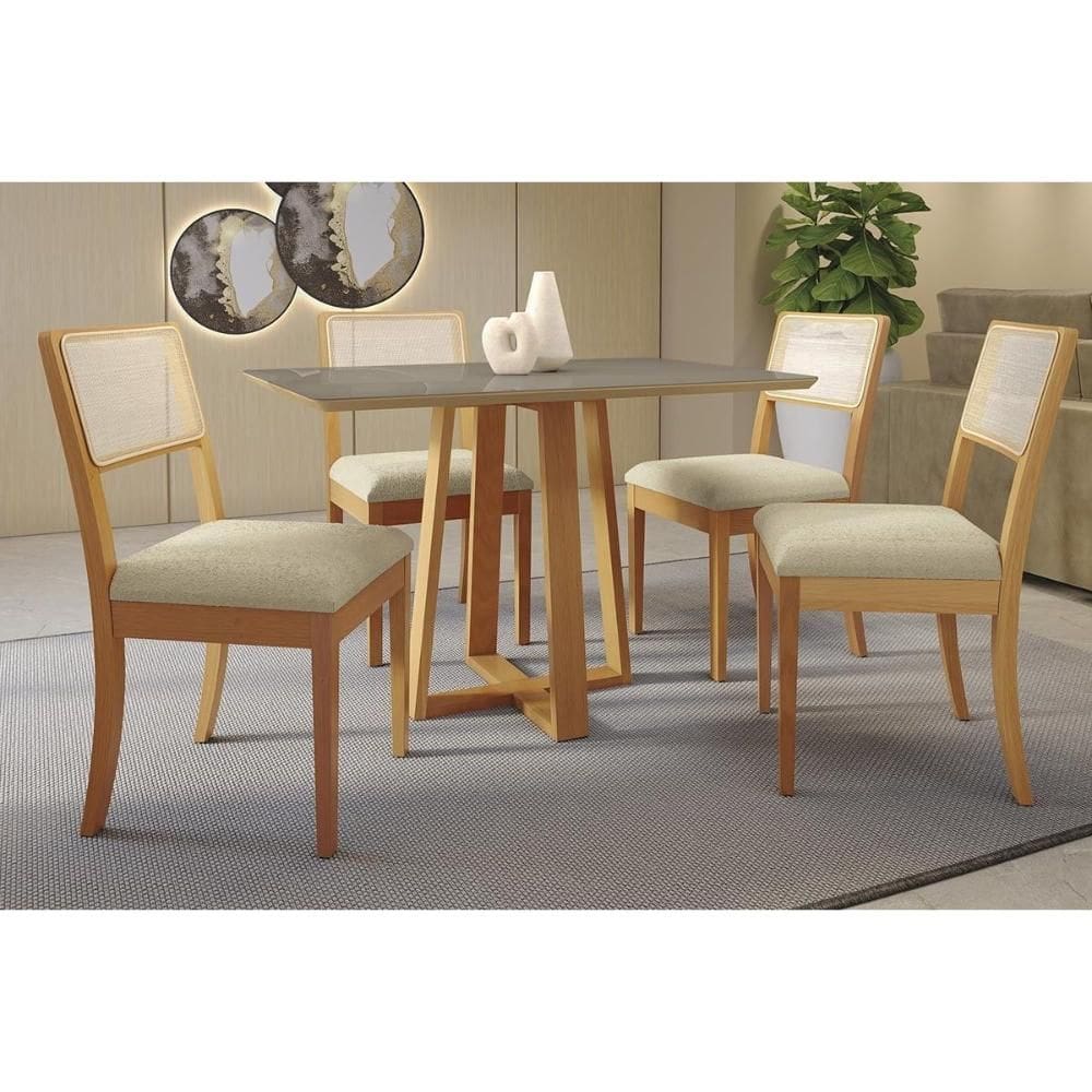 Conjunto Mesa Elma Premium Madeira Maciça c/ Tampo Madeirado c/ Vidro 120x80cm e 4 Cadeiras Lola Carvalho/Freijo Bronze - Boucle Bege Kappesberg