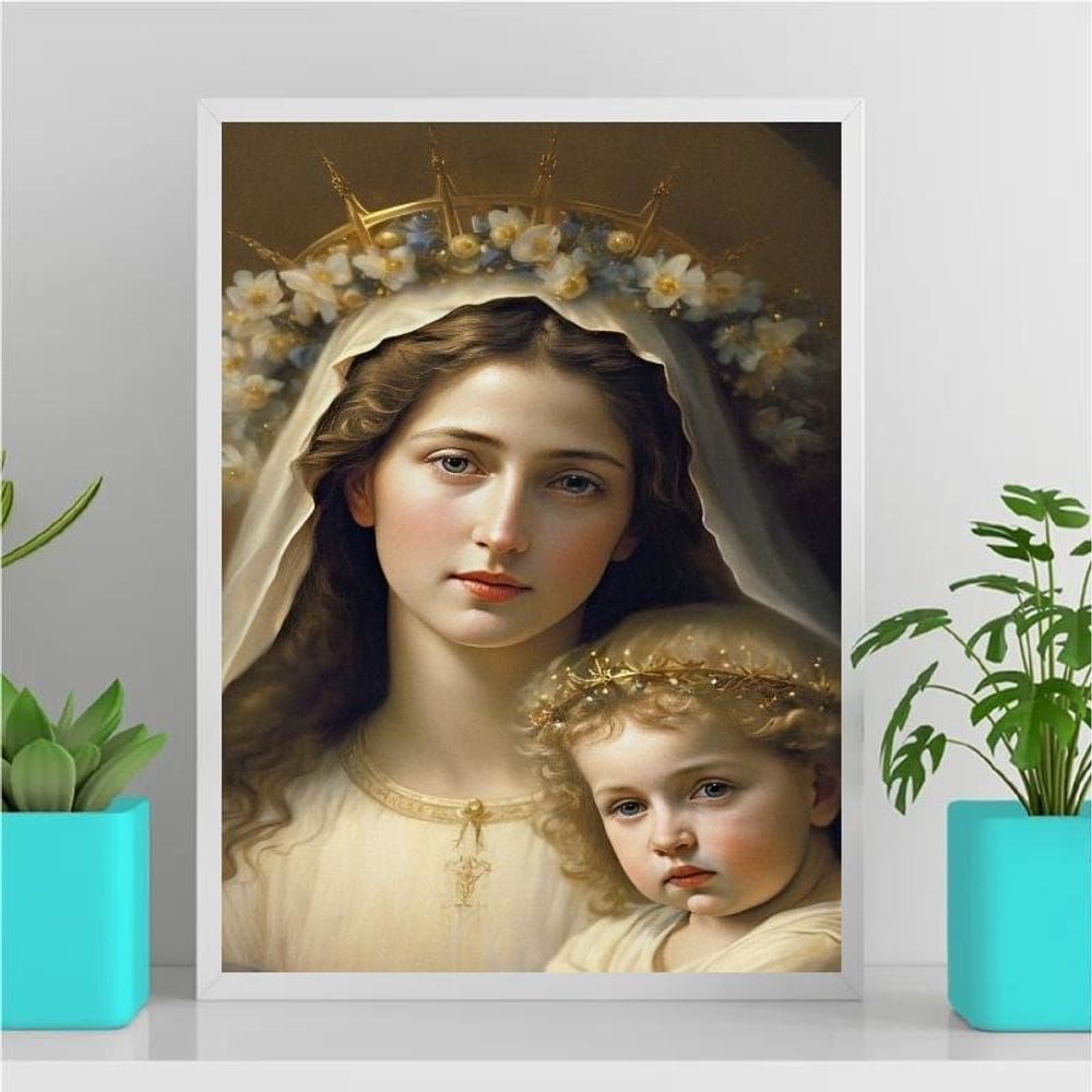 Quadro Virgem Maria e Jesus 45x34cm - Moldura Branca