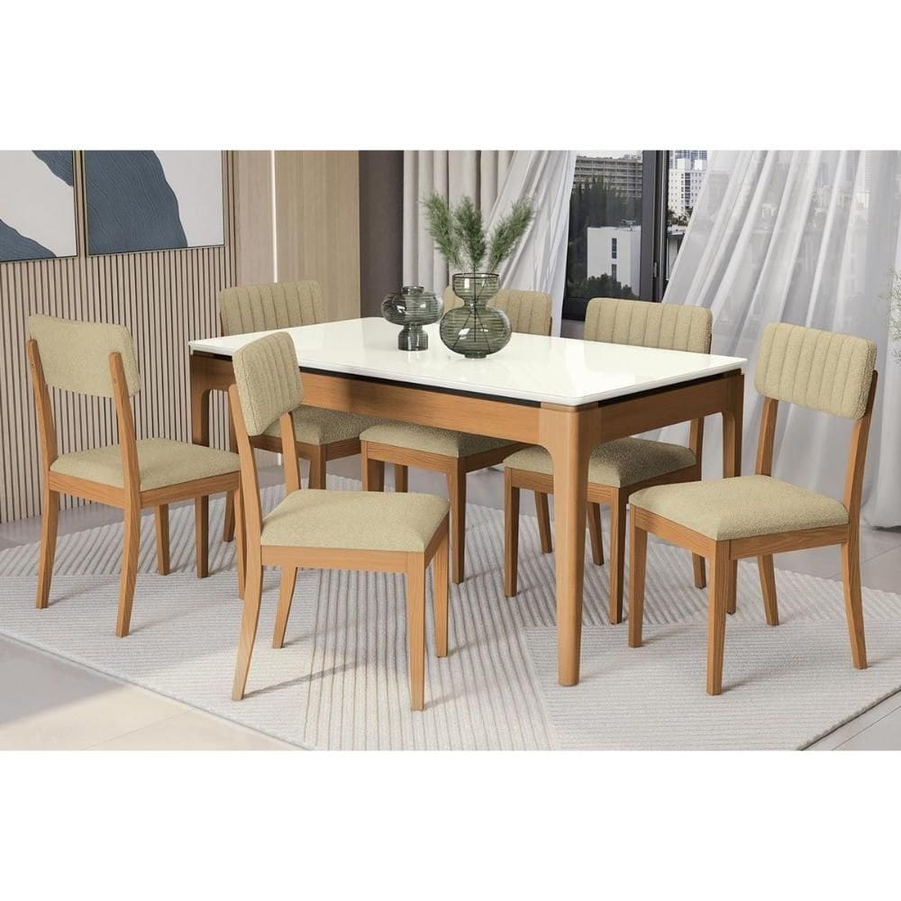 Mesa Cozinha Kappesberg Mira Premium Madeira Maciça c/ Tampo Madeirado c/ Vidro 160x90cm e 6 Cadeiras Telma Carvalho/Off White - Boucle Bege