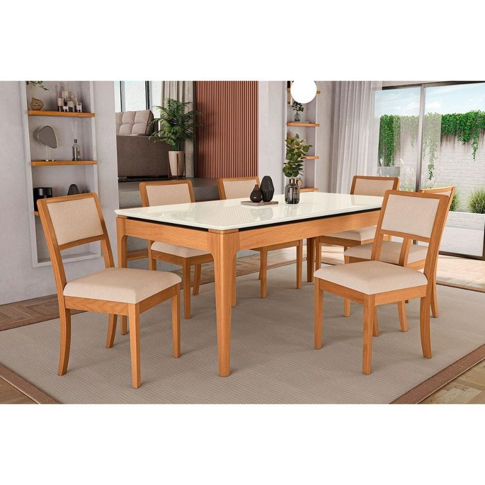 Conjunto Mesa Mira Premium Madeira Maciça c/ Tampo Madeirado c/ Vidro 200x100cm e 6 Cadeiras Alice Carvalho/Off White - Linho Bege Argila Kappesberg