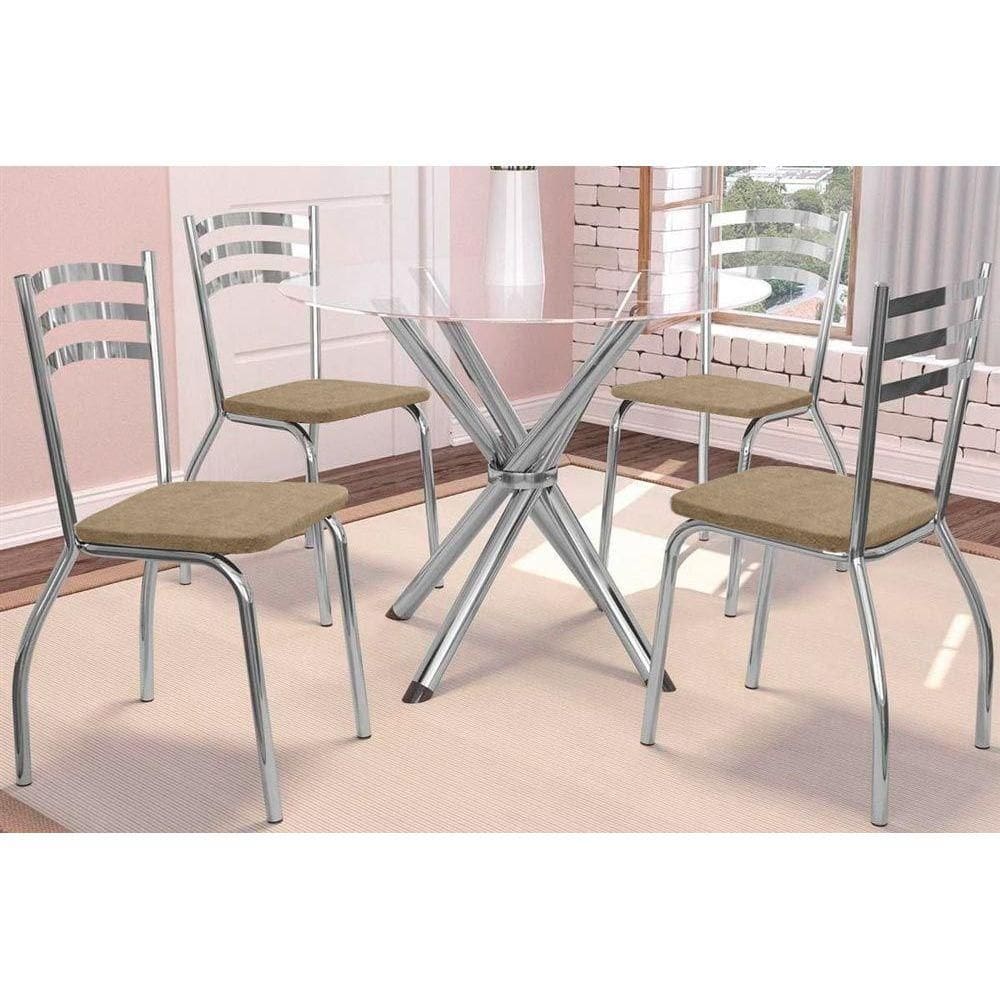 Kit 4 Cadeiras Sala Jantar Volga c/ Tampo de Vidro 95cm e 4 Cadeiras Portugal Cromada - Corano Capuccino - Kappesberg