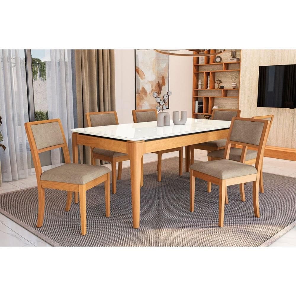 Mesa Cozinha Mira Premium Madeira Maciça c/ Tampo Madeirado c/ Vidro 200x100cm e 6 Cadeiras Alice Carvalho/Off White - Boucle Bege Fendi-Kappesberg