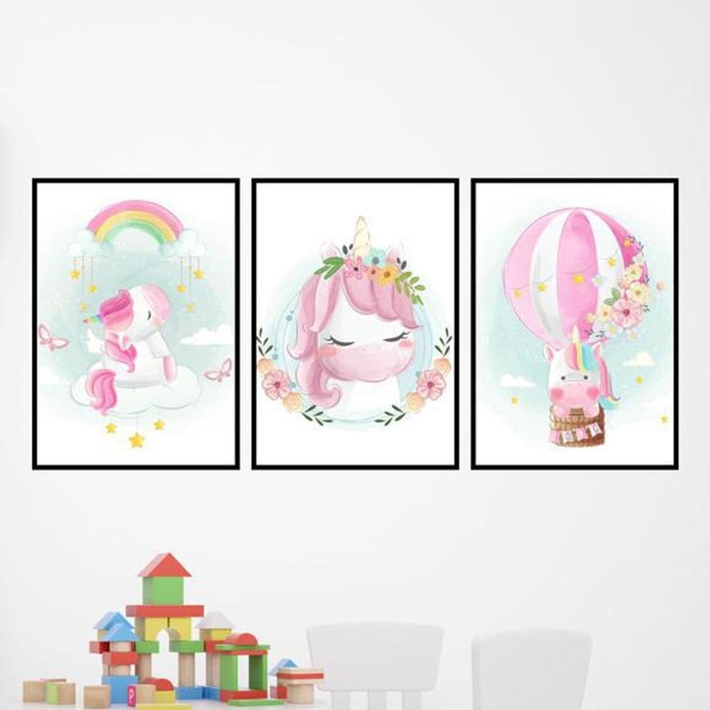 Kit Quadro Decorativo Unicórnios Aquarela Balão 45X34 3 Pçs