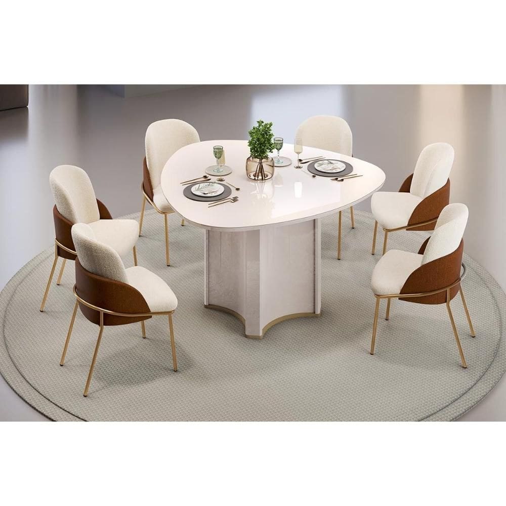 Conjunto: Mesa de Cozinha Chanel c/ Tampo Madeirado c/ Vidro Orgânico 136x136cm e 6 Cadeiras Vitta Off White - Boucle Perola/Terracota - DJ Móveis