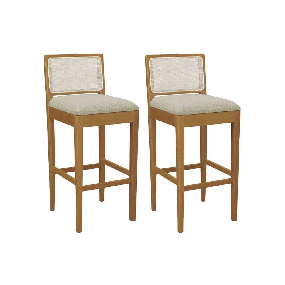 Banqueta Cozinha Sara 1BMM005CA Premium Madeira Maciça Kit 2 Un Carvalho/Boucle Bege/Tela Bege Kappesberg