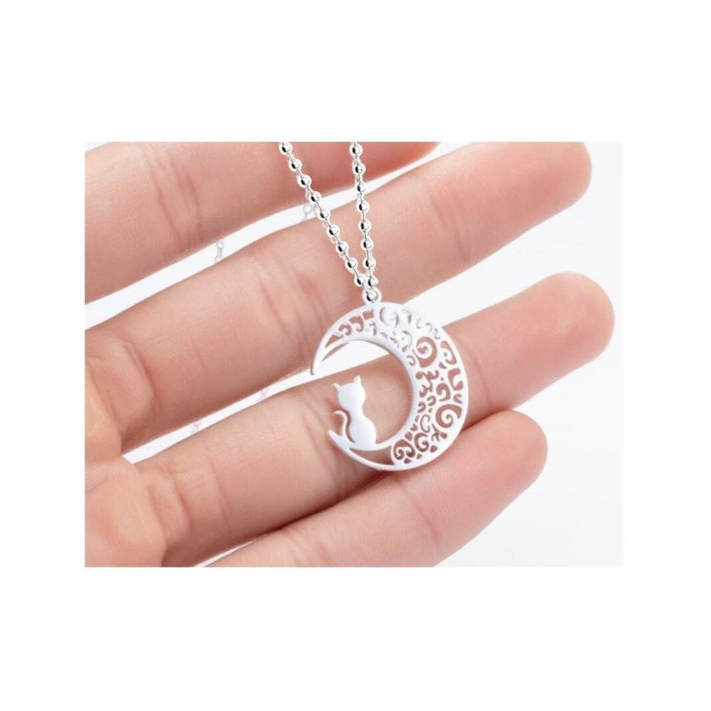 Colar Corrente Bolinhas Pingente Meia Lua Gato Inox