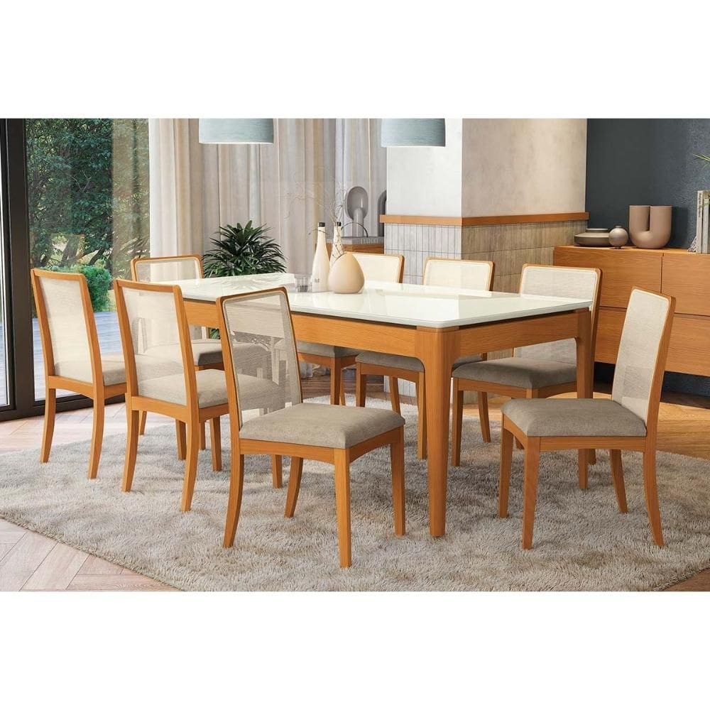 Conjunto Mesa Mira Premium Madeira Maciça c/ Tampo Madeirado c/ Vidro 200x100cm e 8 Cadeiras Lara Carvalho/Off White - Boucle Bege Fendi Kappesberg