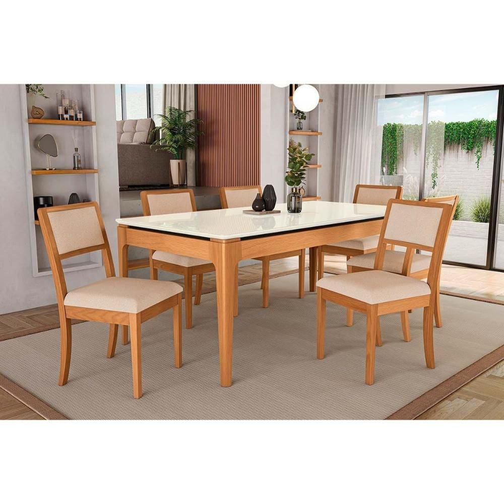 Conjunto Mesa Mira Premium Madeira Maciça c/ Tampo Madeirado c/ Vidro 200x100cm e 6 Cadeiras Alice Carvalho/Off White - Linho Bege Argila Kappesberg