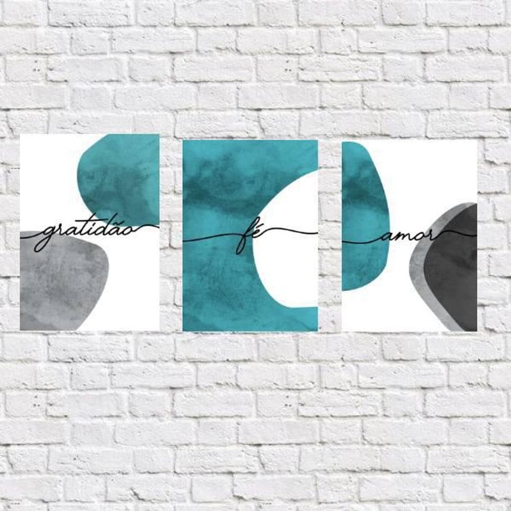 Kit 3 Placas Gratidão Fé Amor Azul 18X27Cm