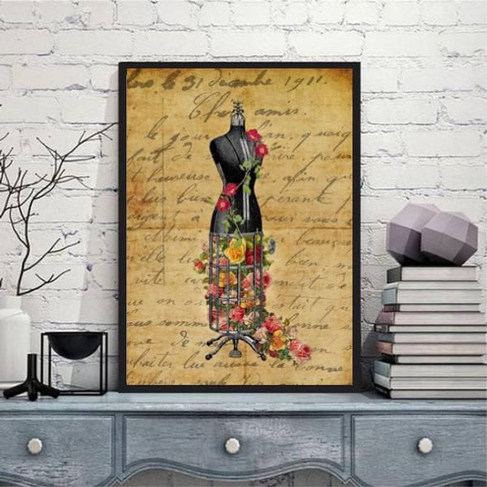 Quadro Vintage Manequim Costura 24X18Cm Moldura Preta