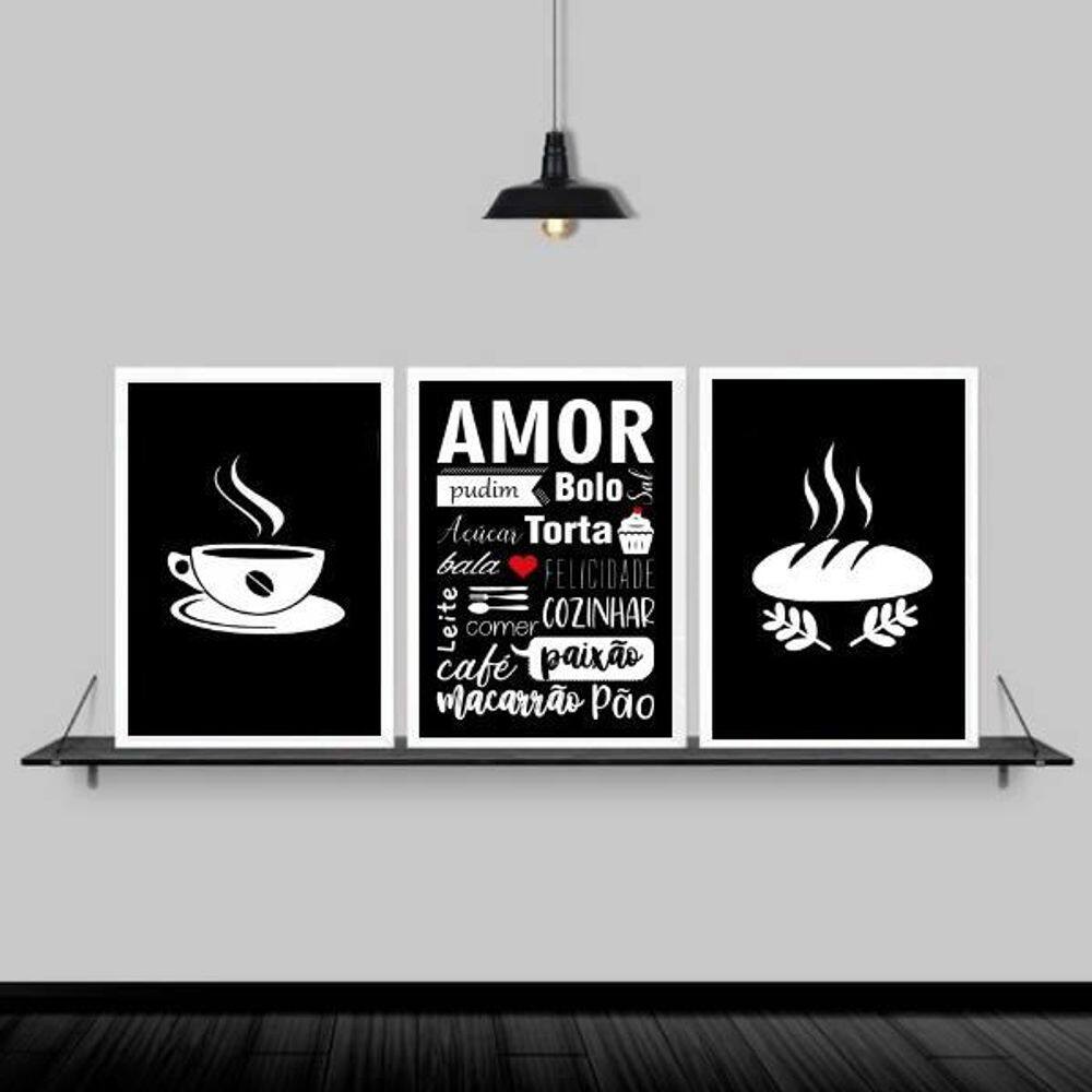 Kit 3 Quadros Cozinha Amor Nomes De Comida 45X34Cm - Branca