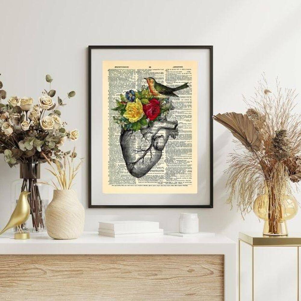 Quadro Coração Flores E Pássaro - 60X48Cm