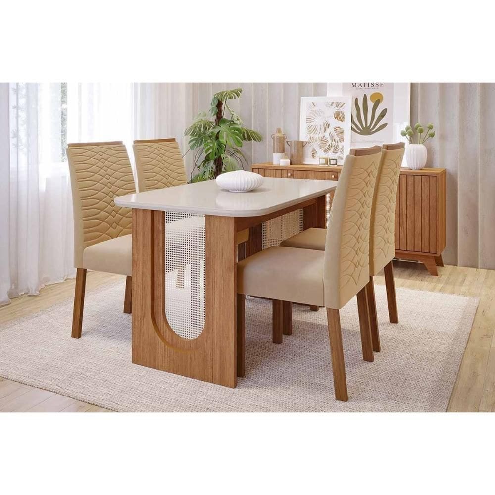 Conjunto: Mesa Sala Jantar Valentina Tampo Madeirado c/ Vidro 130x80cm e 4 Cadeiras Clarice Cinamomo/Off White - Carvalho/Linho Bege Cimol