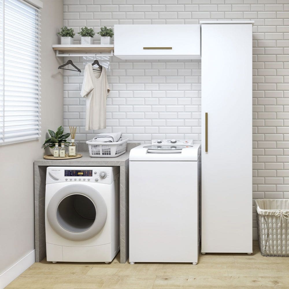 Lavanderia Modulada Bauru 1 Armario Multiuso e Armario Aereo Branco Kaiki Moveis