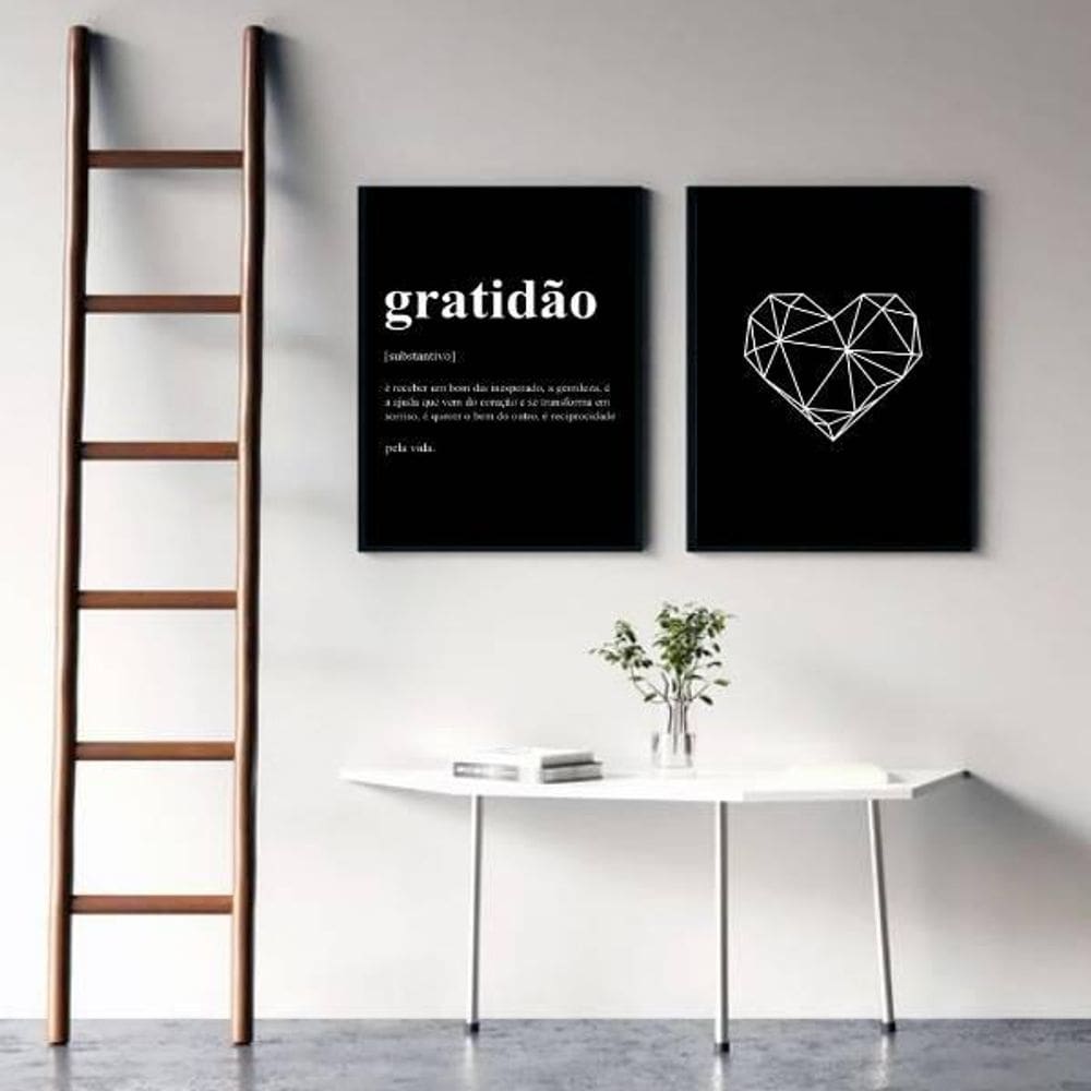 Kit 2 Quadros Gratidão Coração Preto 45X34Cm - Preta
