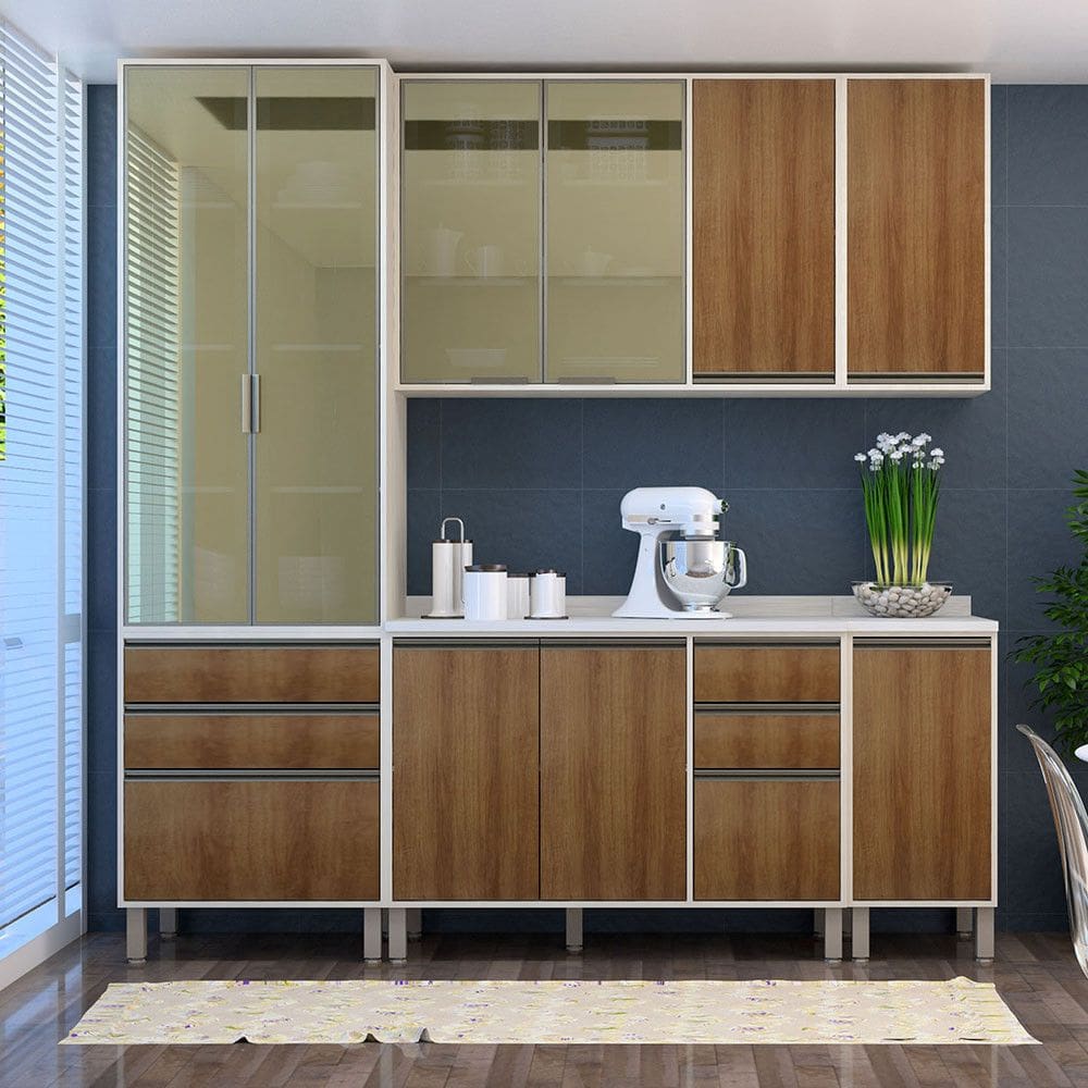 Cozinha Compacta 5 Peças Com Tampos e Vidro Reflecta 230cm Linea Luciane Móveis