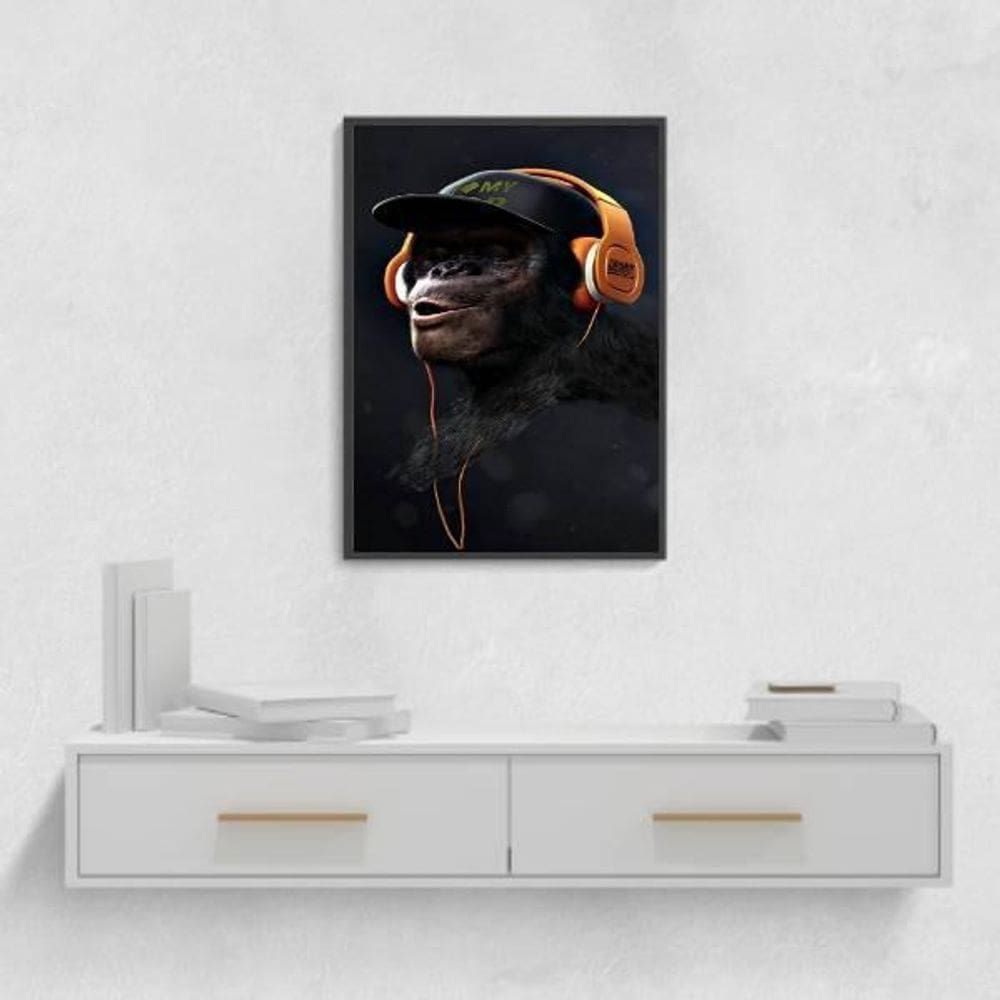 Quadro Macaco Com Headphone 45X34Cm Com Vidro Moldura Preta