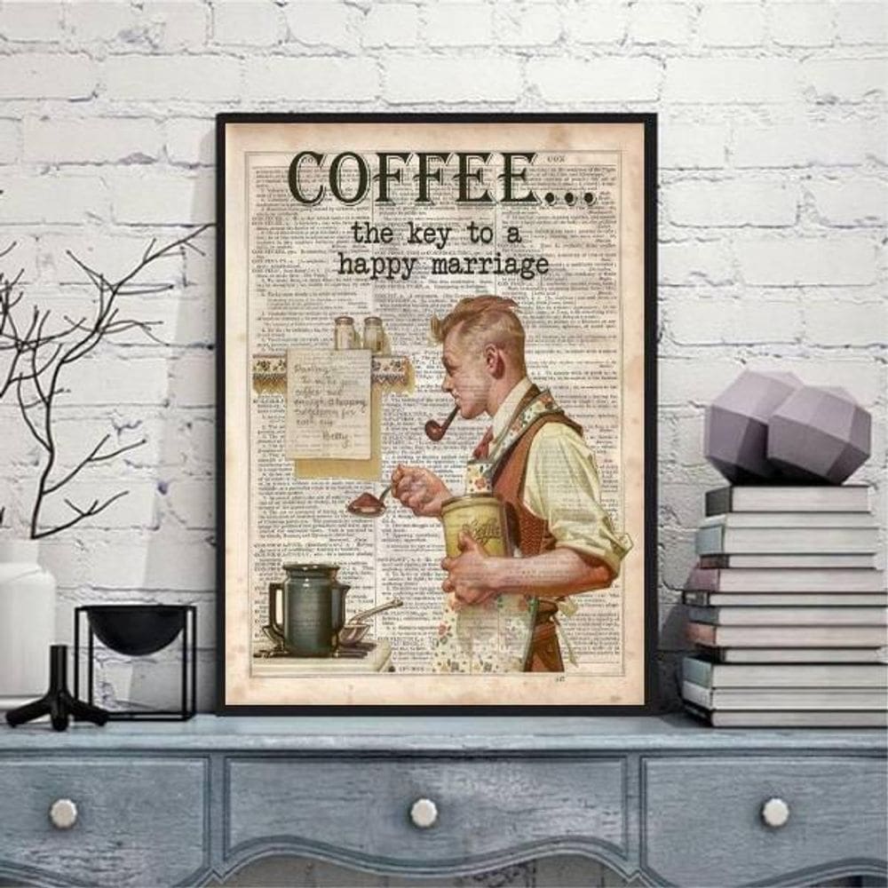 Quadro Vintage Coffee Happy Mariage 24X18 Com Vidro - Preta