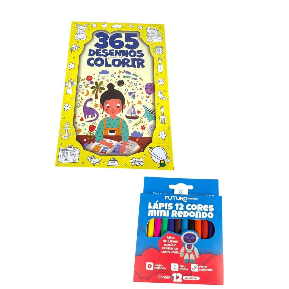 Livro 365 Desenhos Para Colorir + 12 Lápis De Cor 9Cm- Kit