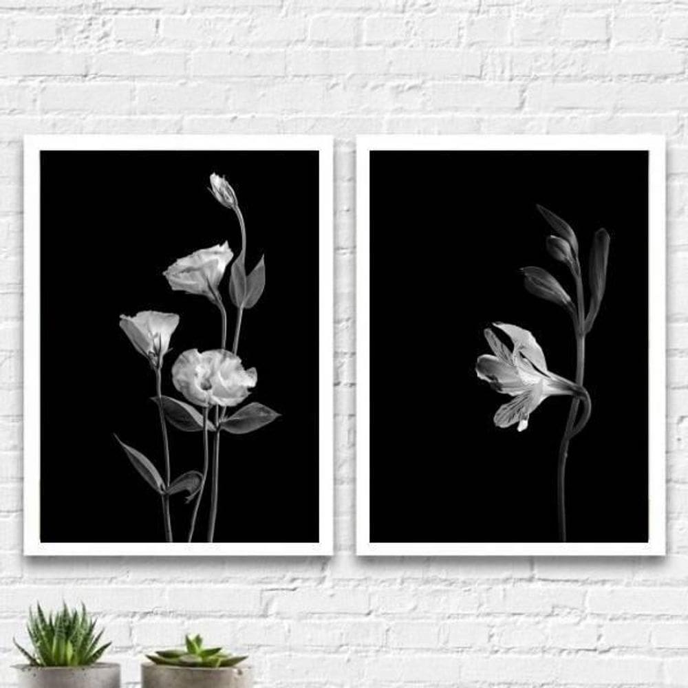 Kit 2 Quadros Flores Branco E Preto 24X18Cm - Branca