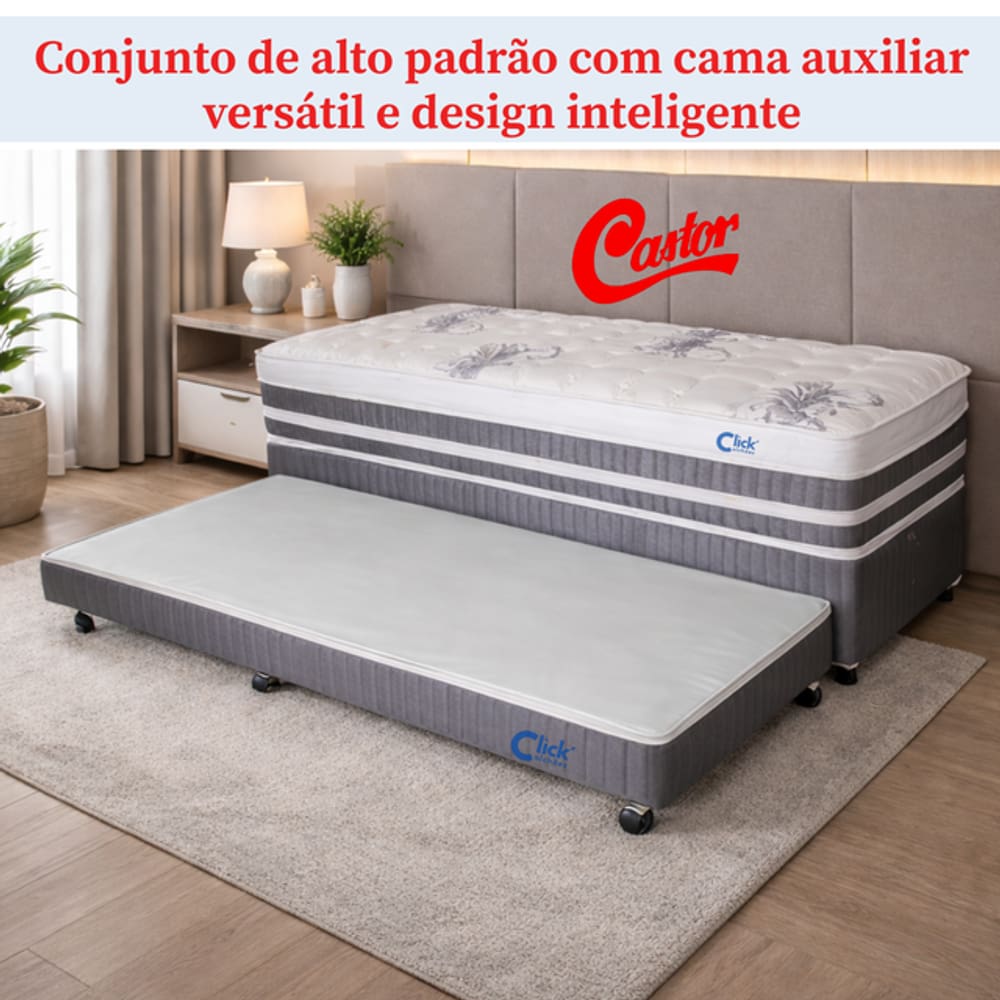 Box Solteiro King Castor Silver Star 96x203 com Cama Auxiliar D28 e Colchão Molas Tecnopedic One Face 32cm