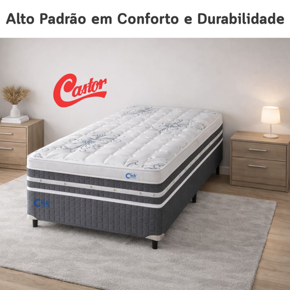 Conjunto Cama Box Solteiro Castor Silver Star 88x188 com Colchão Tecnopedic One Face 32 cm