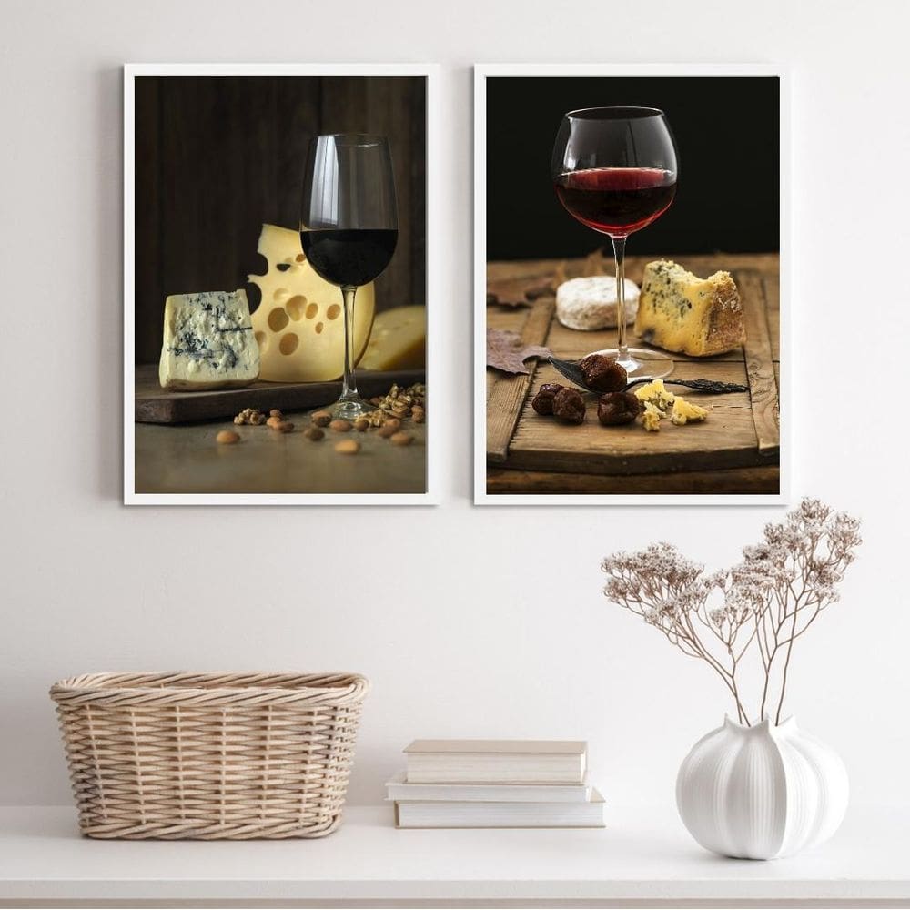Kit 2 Quadros Rústicos Queijos e Vinhos 45x34cm