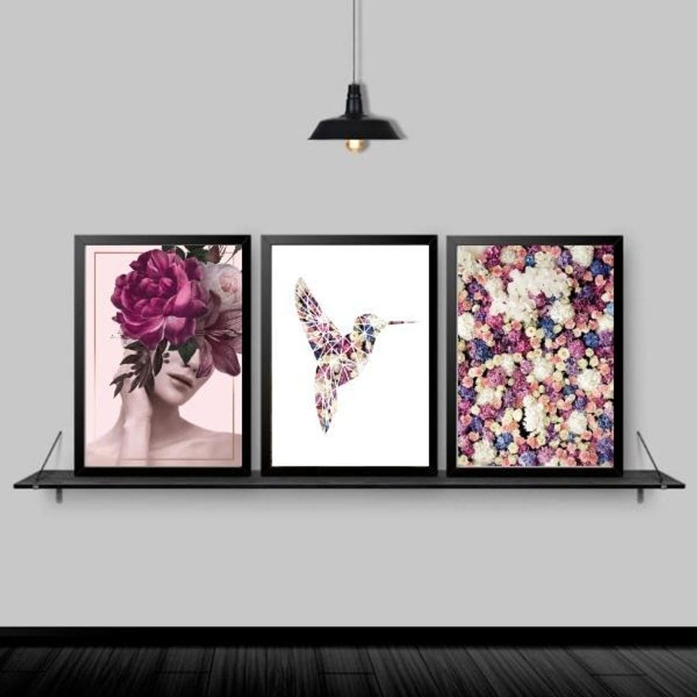 Quadros Mulher Flor E Beija Flor Moldura Preta 33X24Cm 3Un