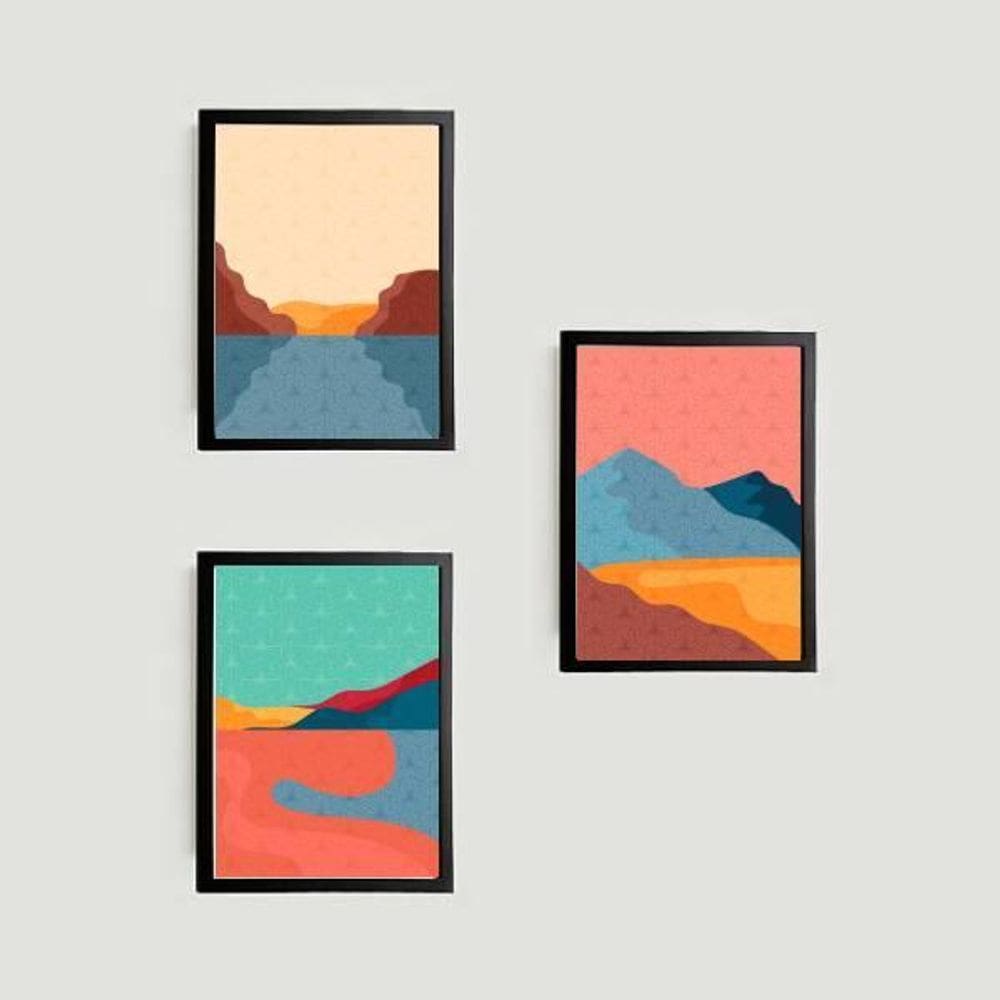 Kit 3 Quadros Abstratos Paisagens Coloridas 45X34 Preta