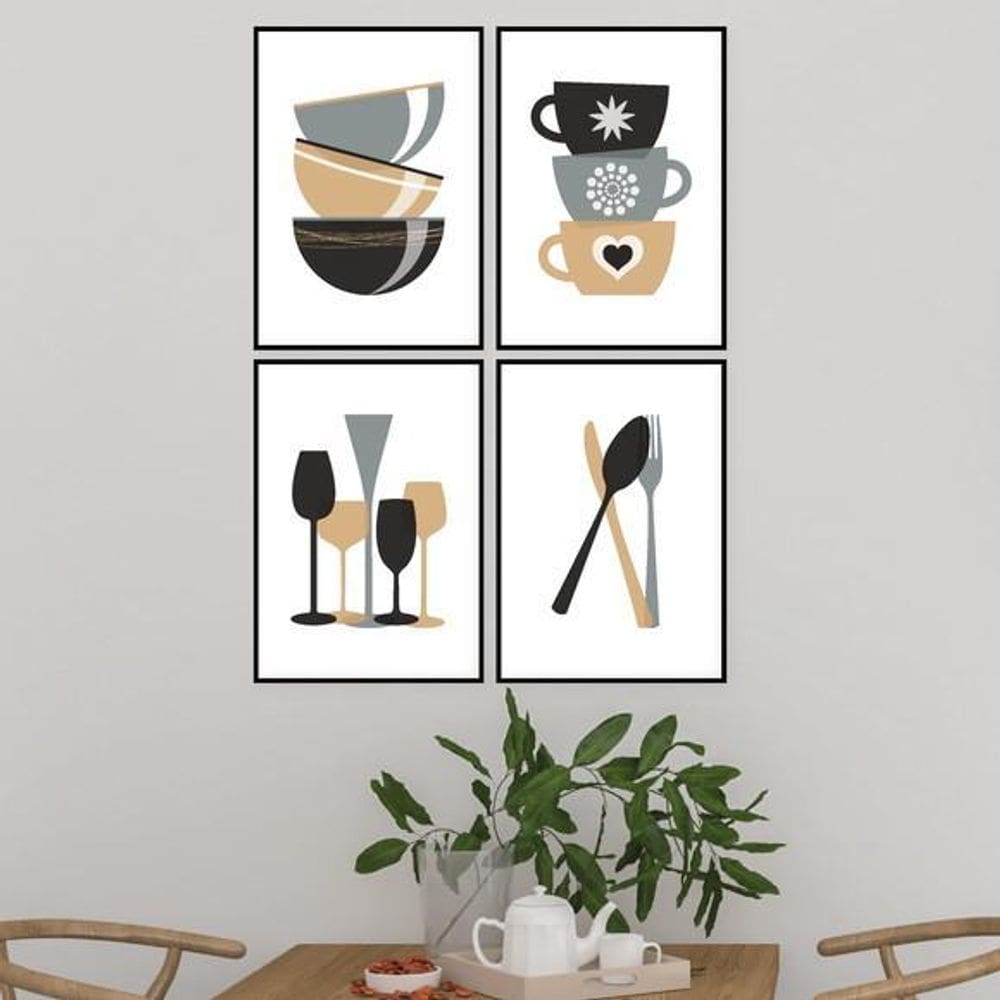 Kit 4 Quadros Cozinha Cinza E Marrom 33X24Cm Moldura Preta