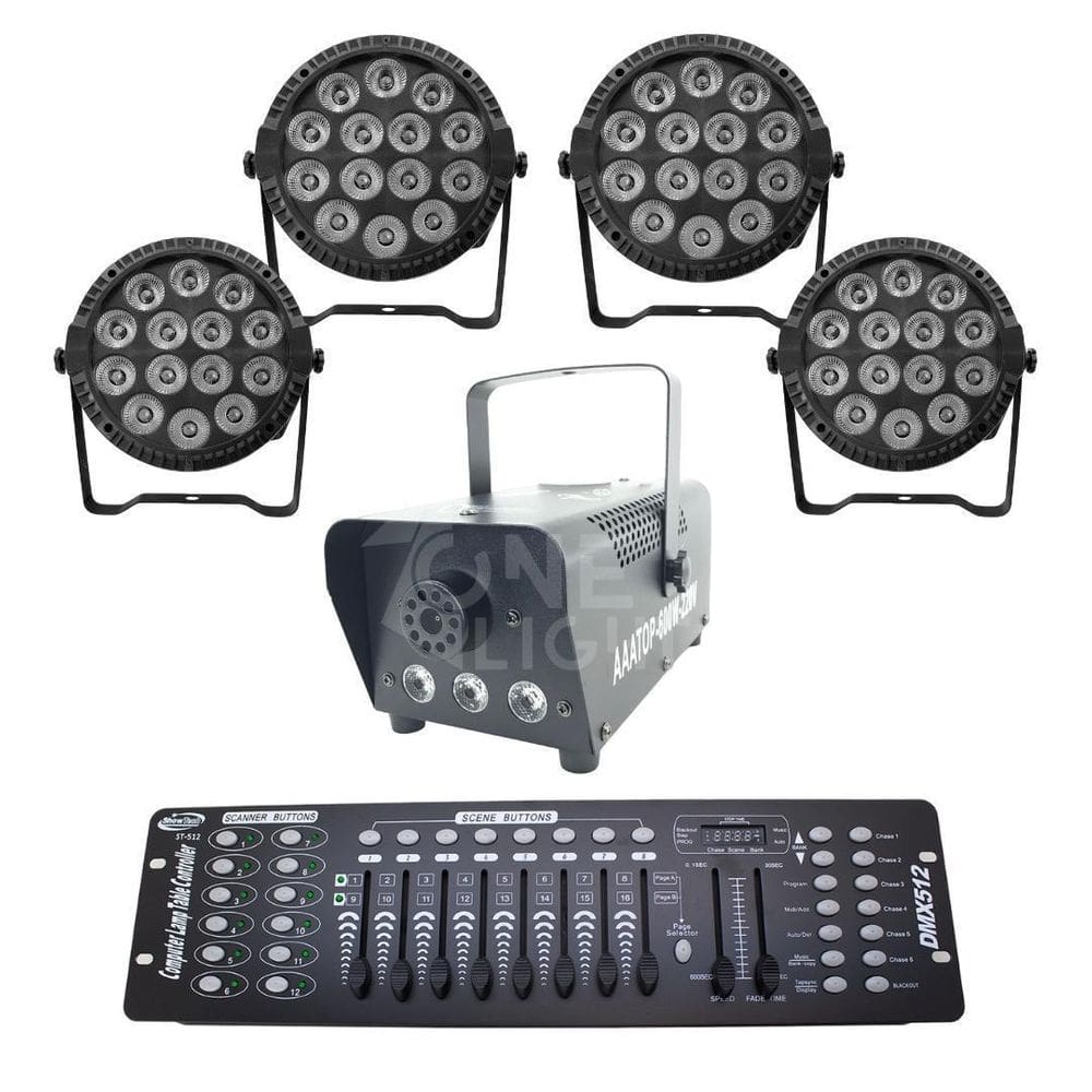 Kit 4 Par Led Slim + Máquina De Fumaça 600W + Mesa Dmx 512