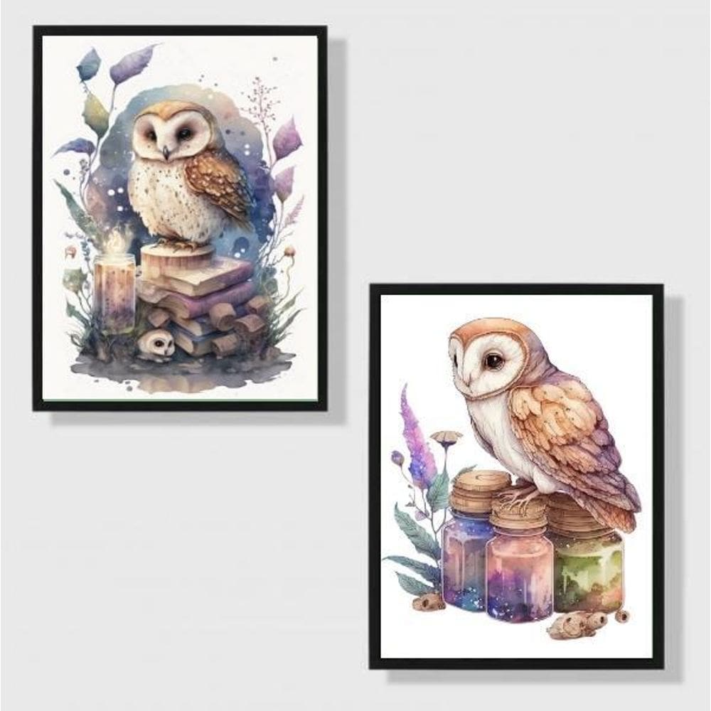 Kit 2 Quadros Coruja Mágica Aquarela 45x34cm - Decoração