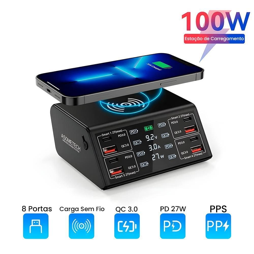 Estação De Carregamento 100W 4 Entradas Usb E 4 Usb-C