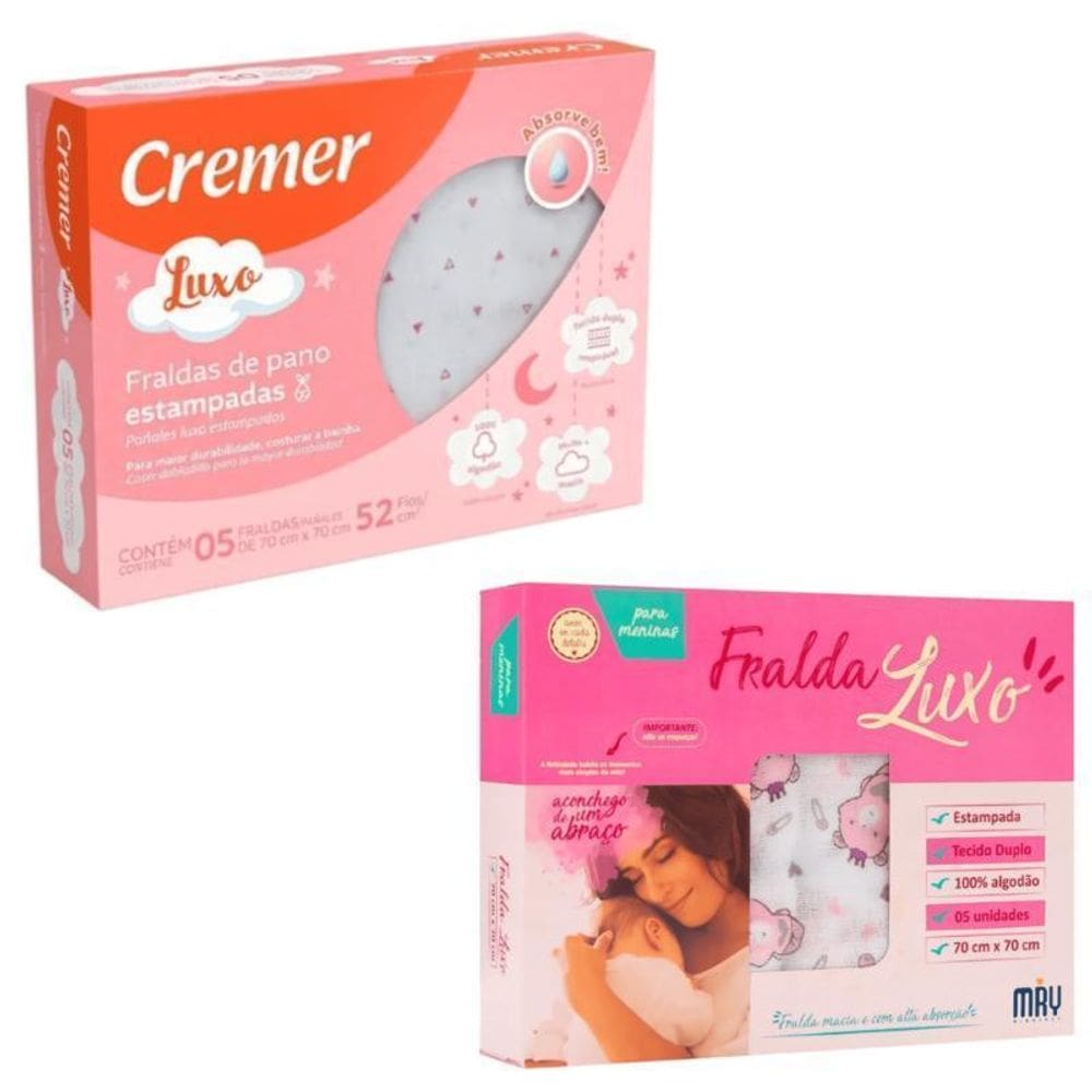 Kit 2 Cx Rosa Fraldas Pano Cremer Minasrey Estampadas Luxo