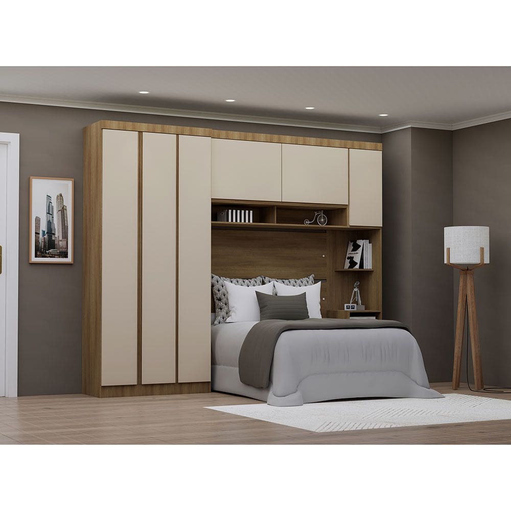 Quarto de Casal Com Guarda Roupa e Mesa de Cabeceira 284cm Veneza Luciane Moveis