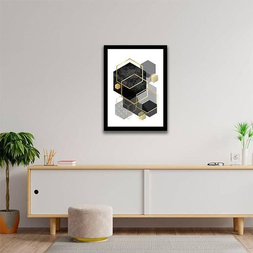 Quadro Geométrico Hexágonos Preto E Cinza 24X18 Vidro Preta