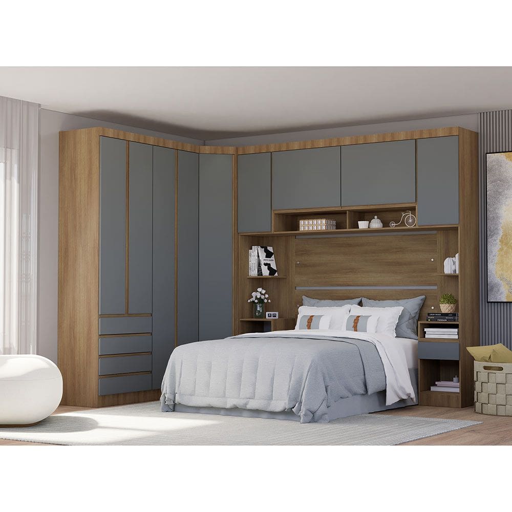 Quarto de Casal Com Guarda Roupas e Mesas de Cabeceira 495cm Veneza Luciane Moveis