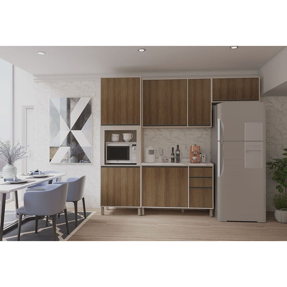 Cozinha Modulada Compacta 4 Peças com Tampo e Espaço para Forno e Micro-ondas Linea Luciane Móveis
