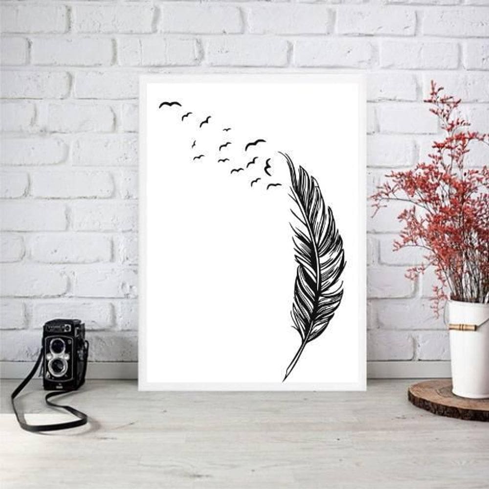 Quadro Decorativo Pena Pássaros Voando 45X34Cm