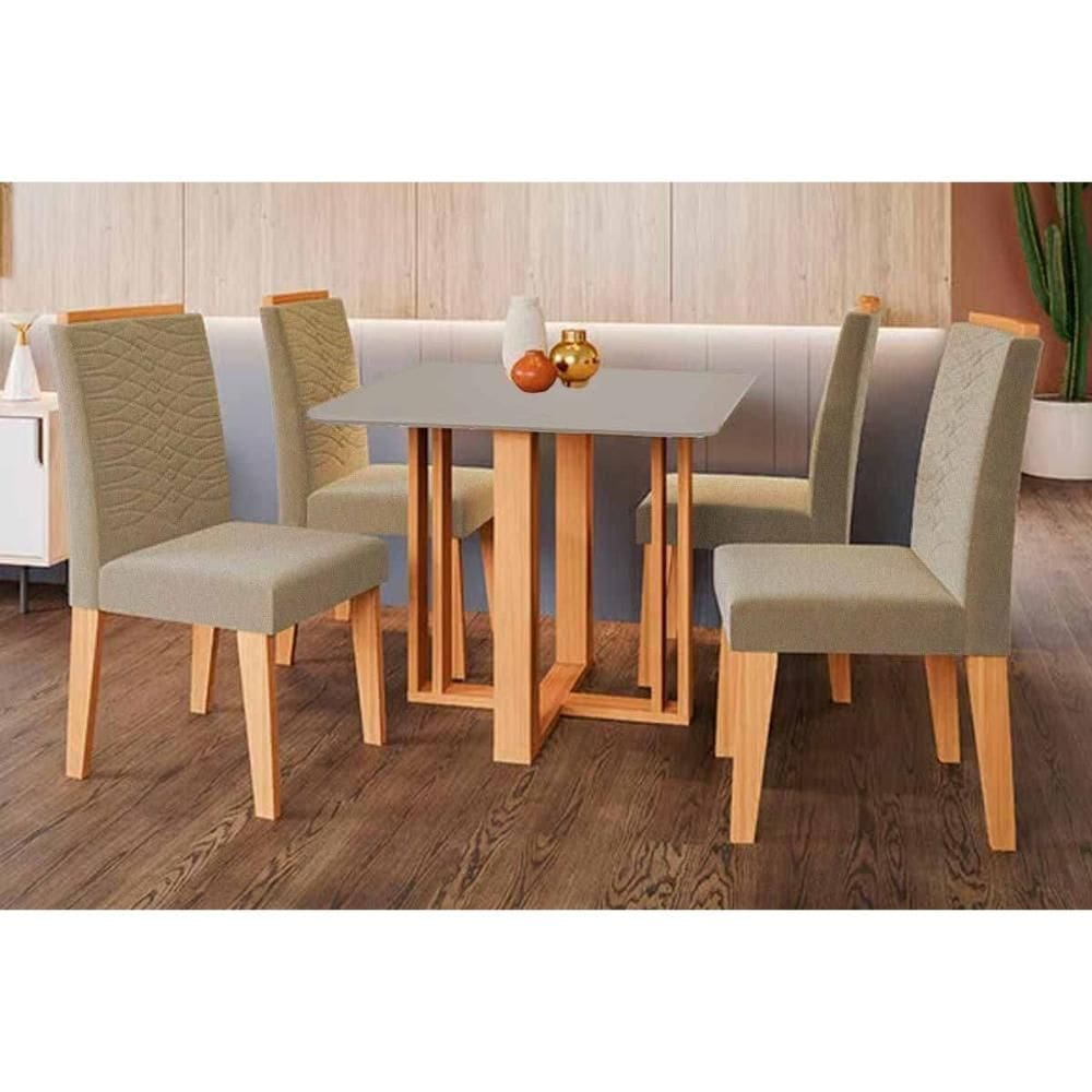 Conjunto: Mesa Sala Jantar Flora Tampo Madeirado c/ Vidro 95x95cm e 4 Cadeiras Clarice Cinamomo/Off White - Carvalho/Linho Bege Cimol