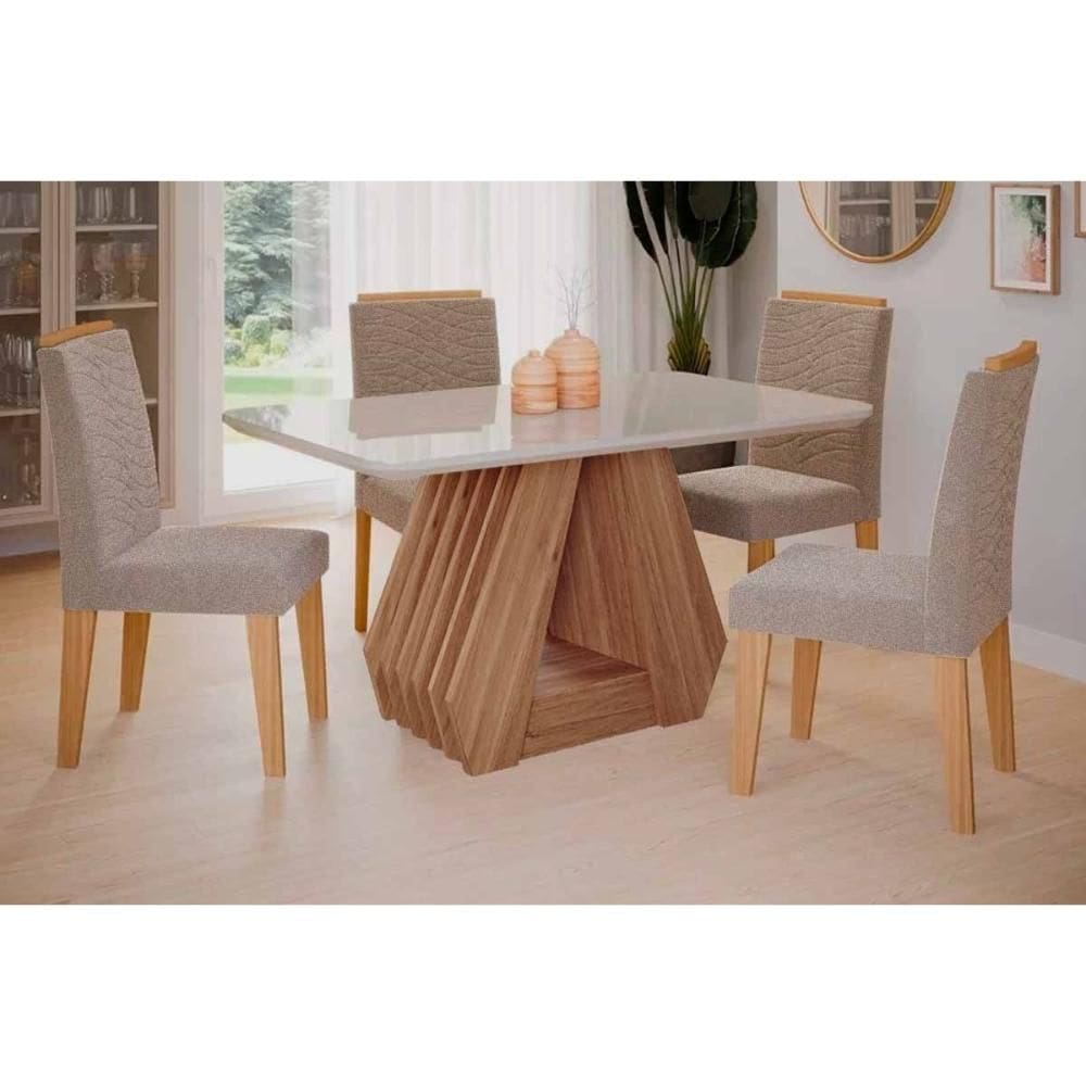 Conjunto: Mesa Sala Jantar Ágata Tampo Madeirado c/ Vidro 130x80cm e 4 Cadeiras Clarice Cinamomo/Off White - Carvalho/Suede Nude Bege Cimol