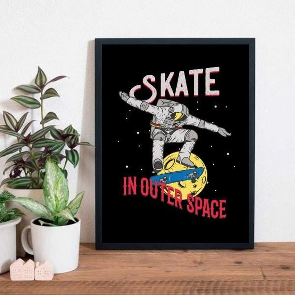 Quadro Decorativo Astronauta Skate 45X34Cm - Madeira Preta