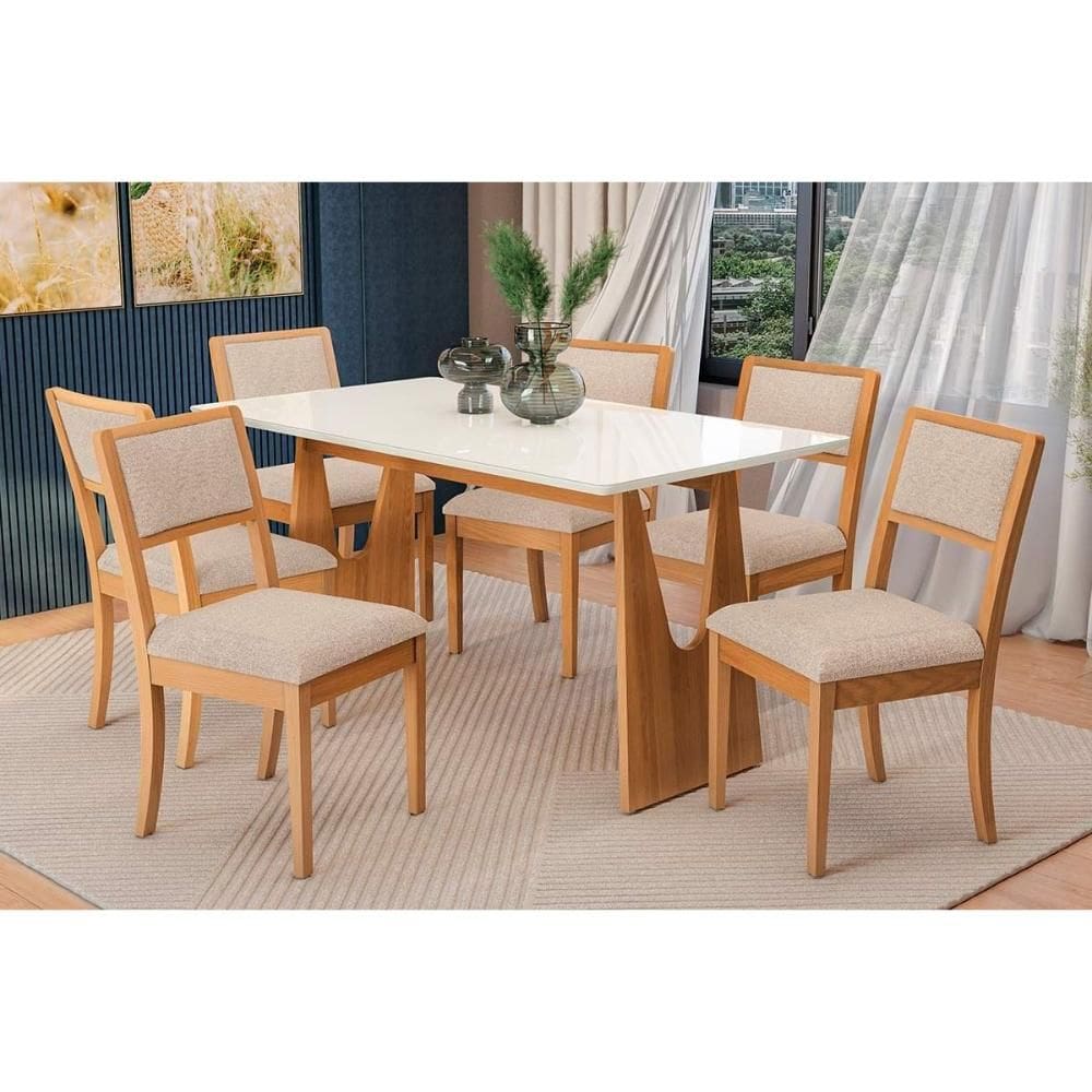 Sala Jantar Mesa Mila Premium Madeira Maciça c/ Tampo Madeirado c/ Vidro 160x90cm e 6 Cadeiras Alice Carvalho/Off White - Linho Bege Argila-Kappesberg