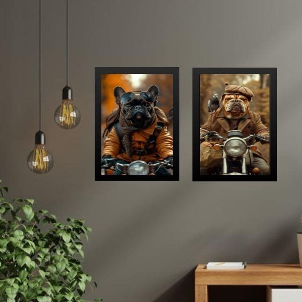 Kit 2 Quadros Cães Motociclistas 24X18Cm