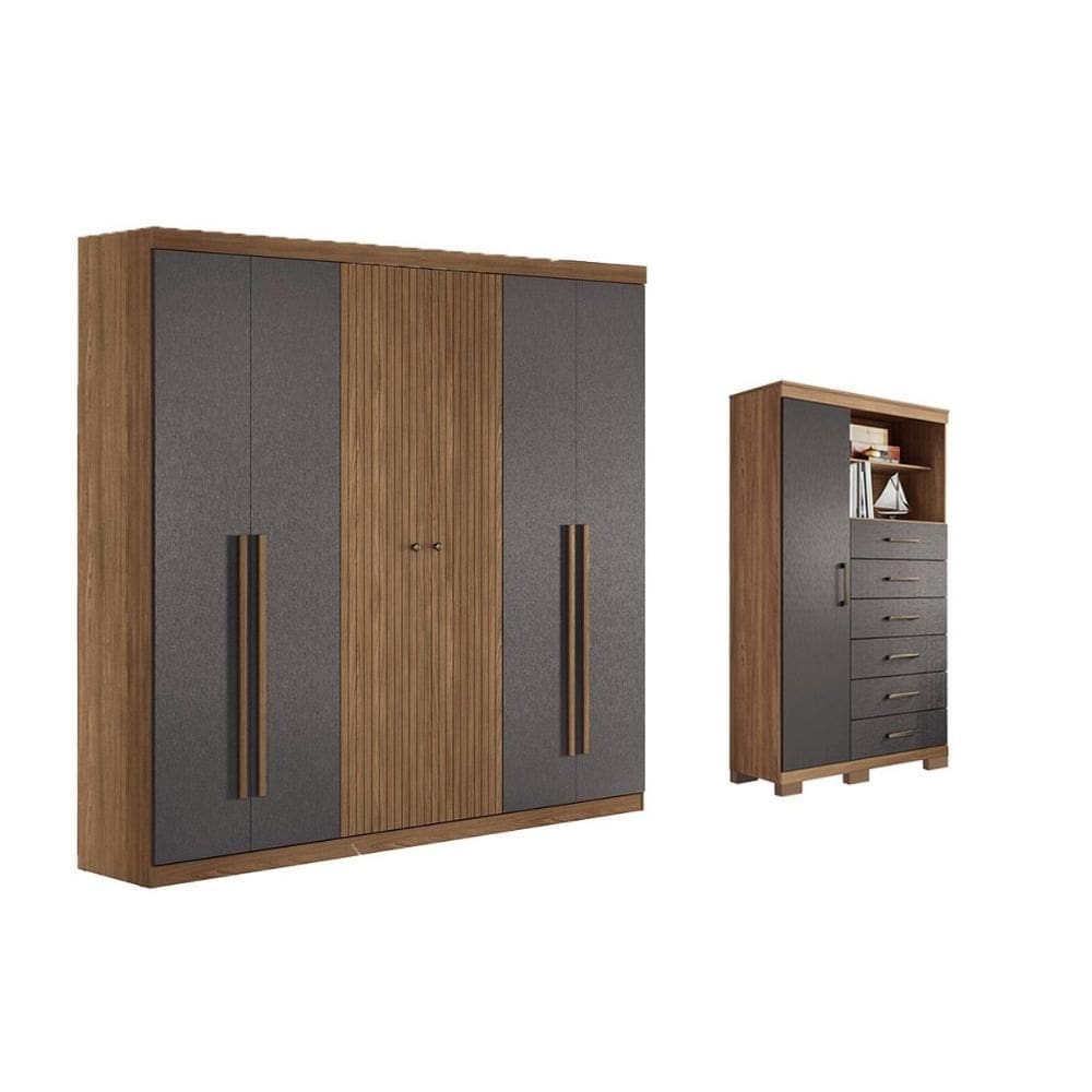 Quarto Completo Modu 2 Peças (1GuardaRoupa+1Cômoda) QC379 Jatobá/Grafite - Santos Andirá